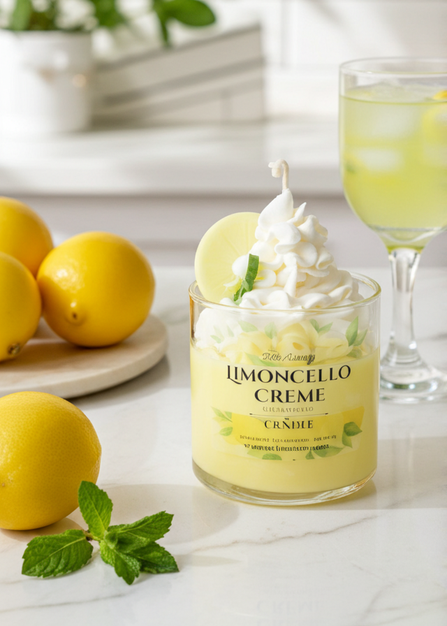 Jar of 'Limoncello Creme candle' with whipped cream and lemons on a table