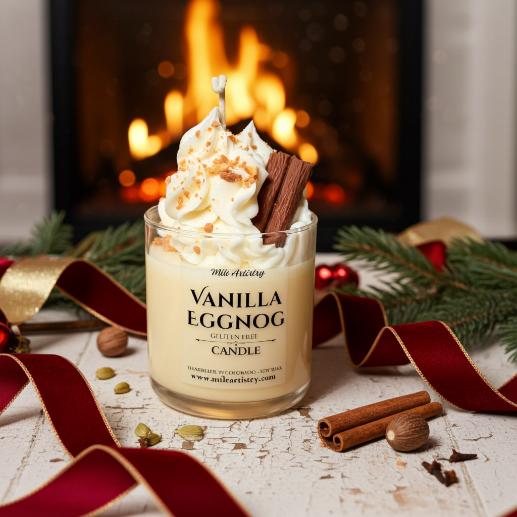 Vanilla eggnog candle with whipped cream and cinnamon sticks in front of a fireplace.