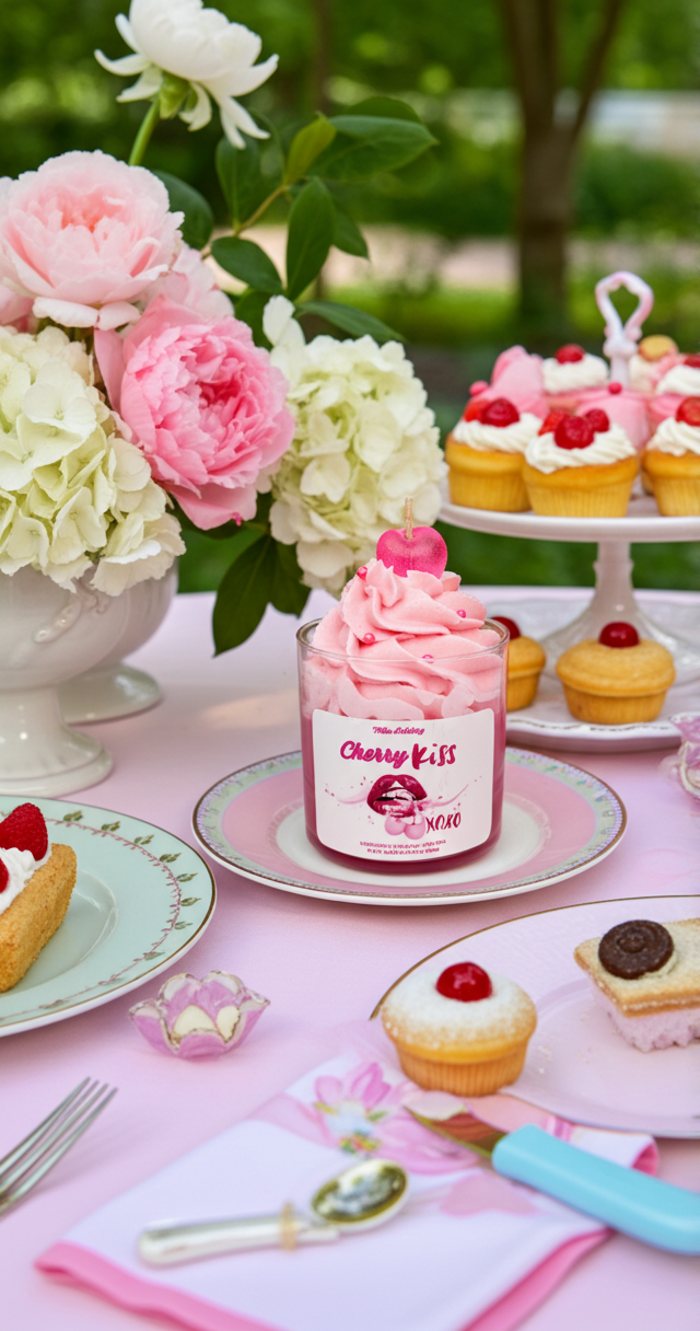 Cupcake with cherry on top on a pink plate surrounded by flowers and other pastries.