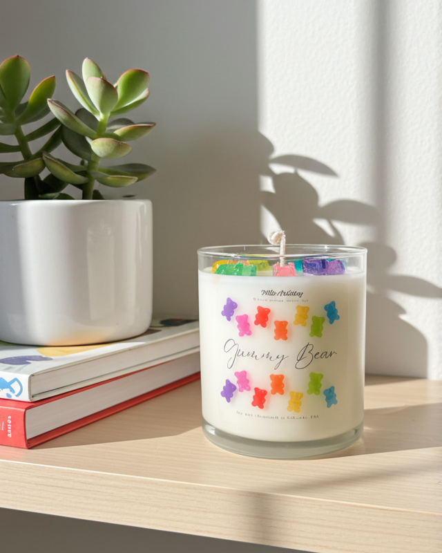 Candle Gummy Bears with colorful label on a shelf next to a plant and books