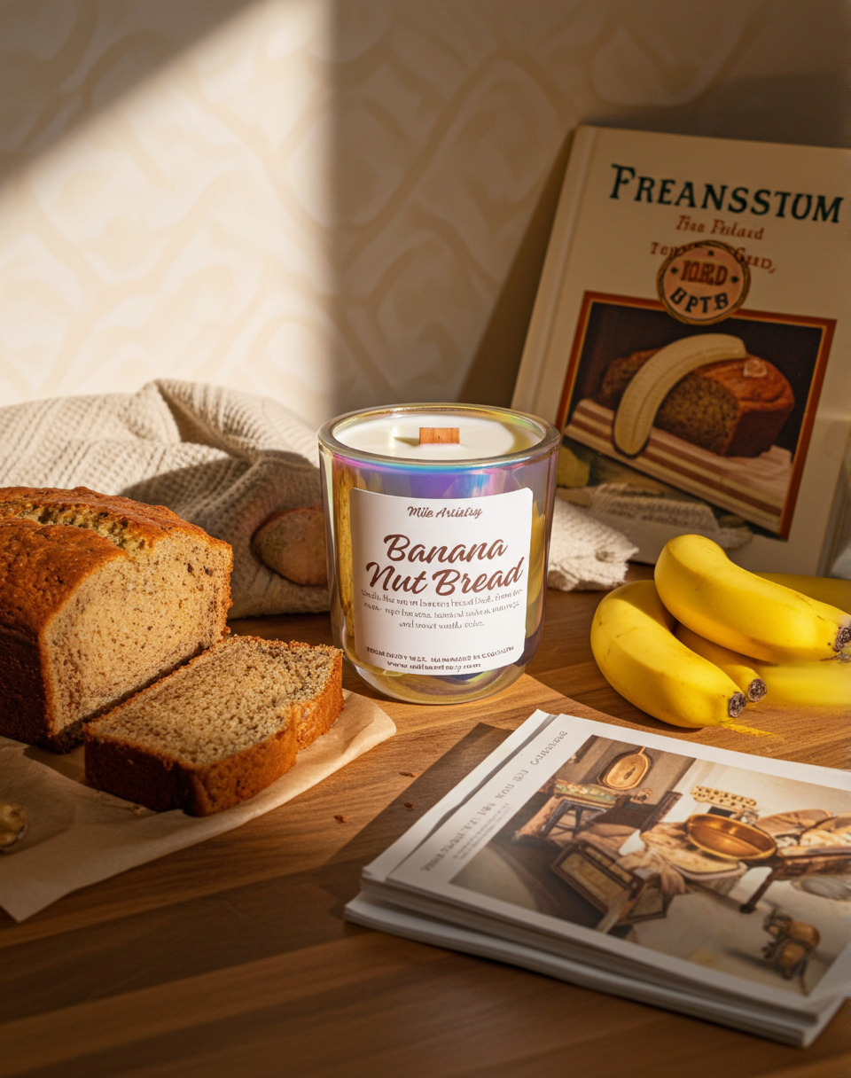 Banana Nut Bread candle on a table with bread and bananas