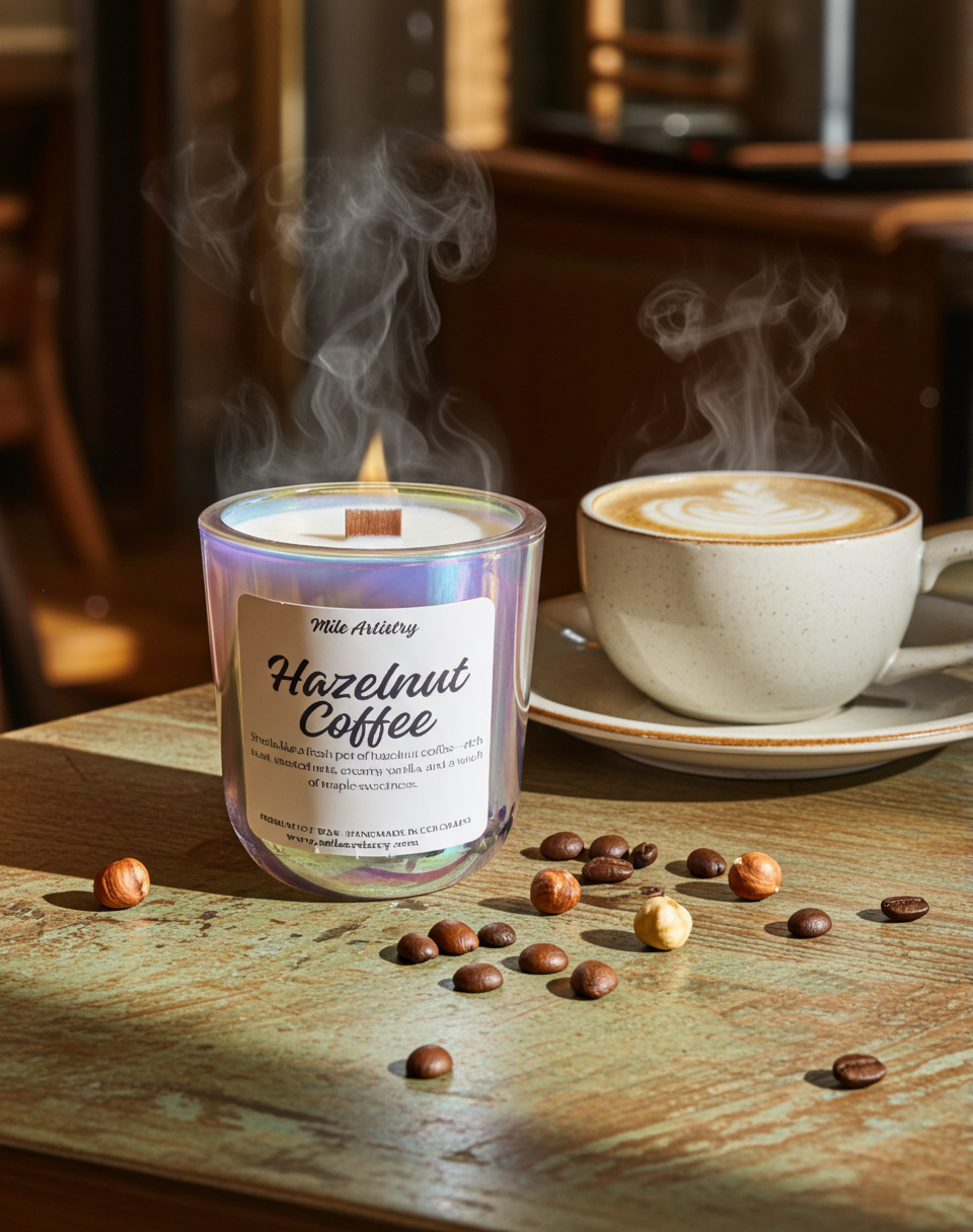 Hazelnut coffee candle and a cup of coffee on a wooden table with coffee beans.