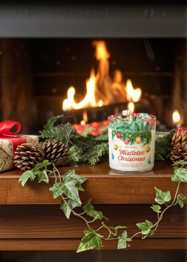 Christmas candle on a fireplace mantel with decorative elements and a fire in the background
