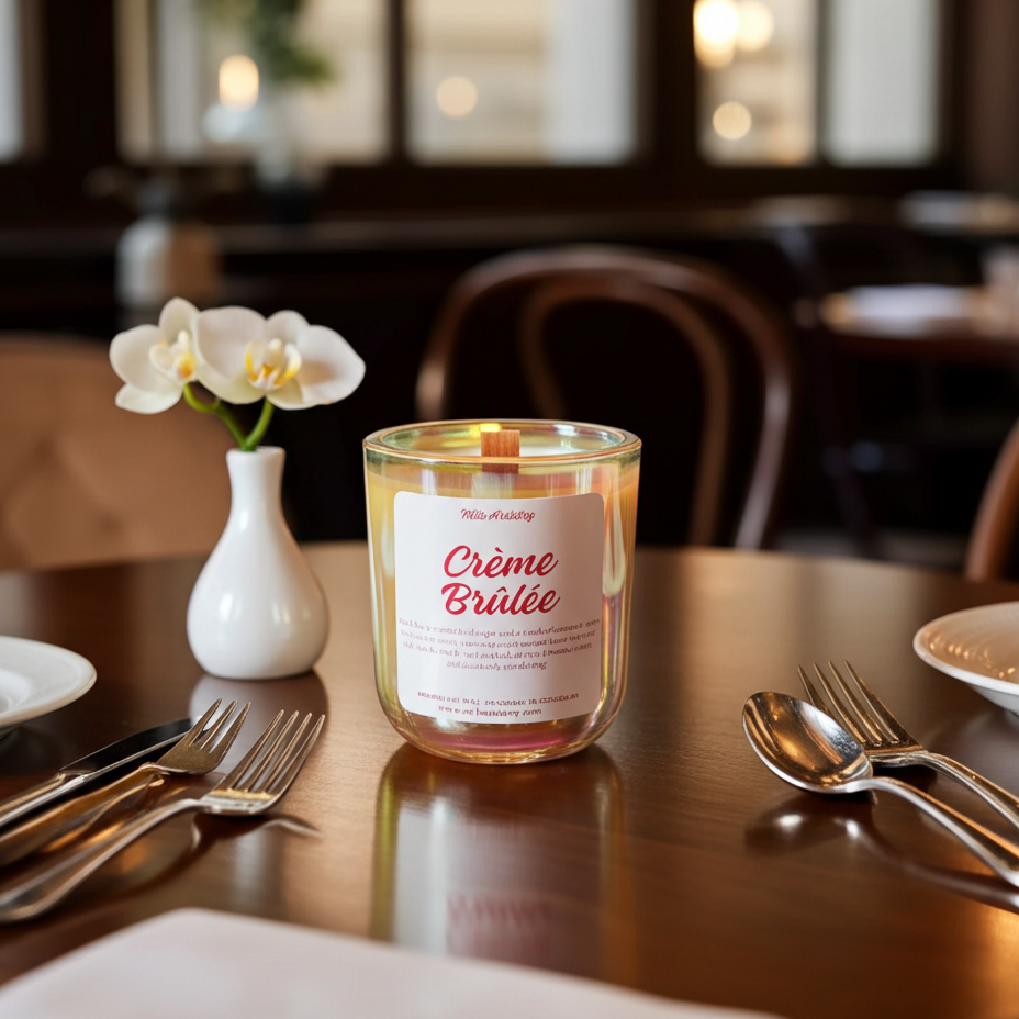 Candle labeled 'Cèreme Brélé' on a table with cutlery and a vase of flowers.
