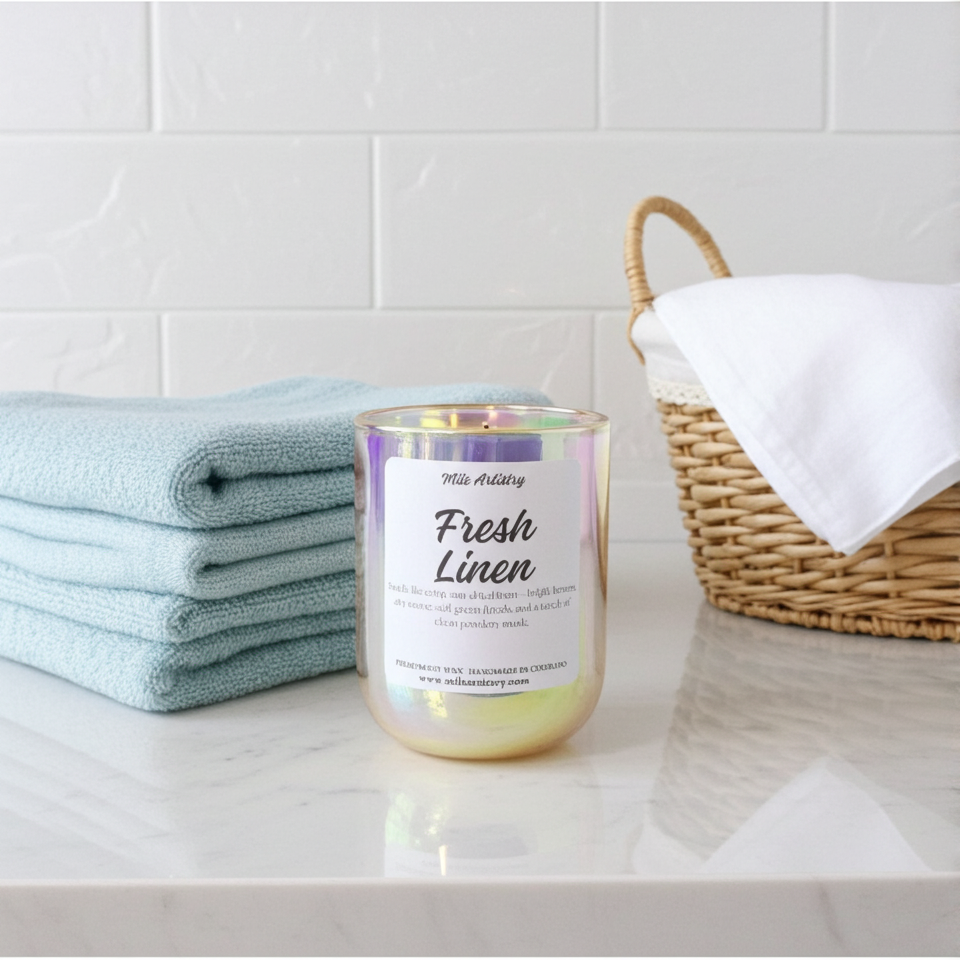 Candle labeled 'Fresh Linen' on a surface with towels and a basket in the background.