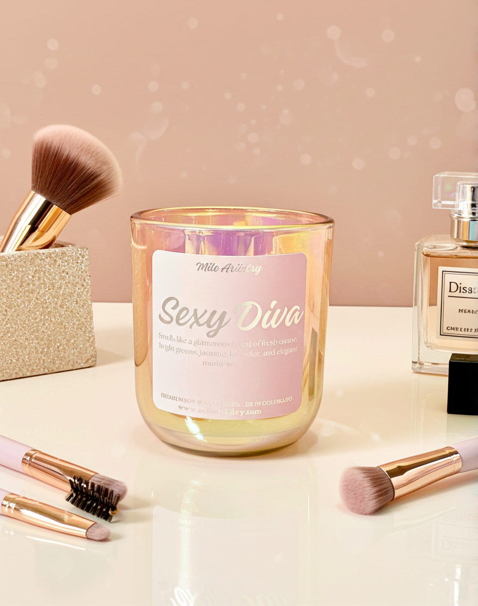 Candle labeled 'Sexy Diva' with makeup brushes and perfume on a reflective surface.
