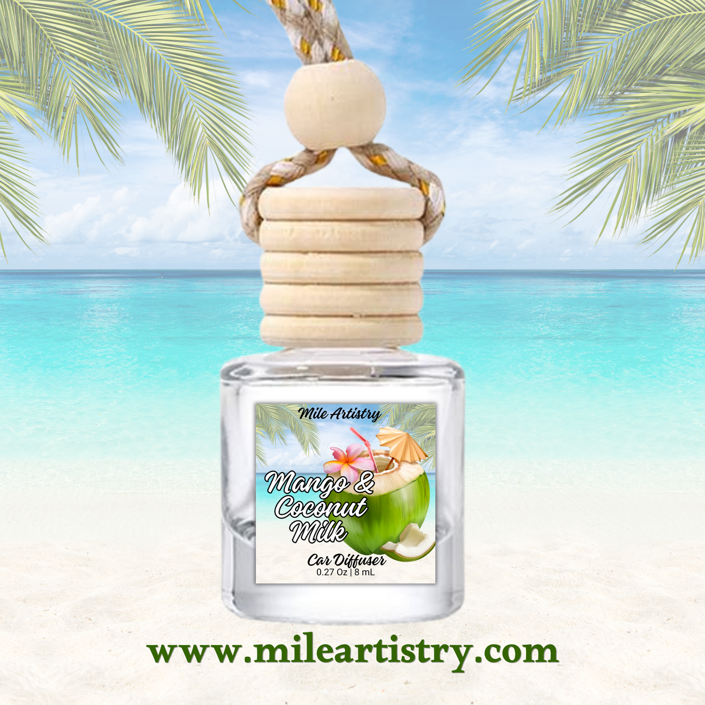 Car diffuser with a tropical design label against a beach background