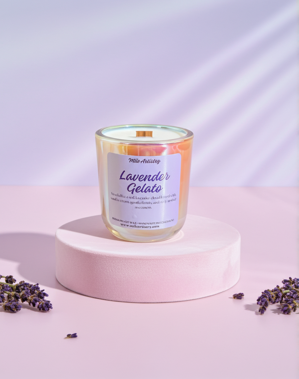 Candle labeled 'Lavender Gelato' on a pink platform with lavender flowers around, against a light purple background.