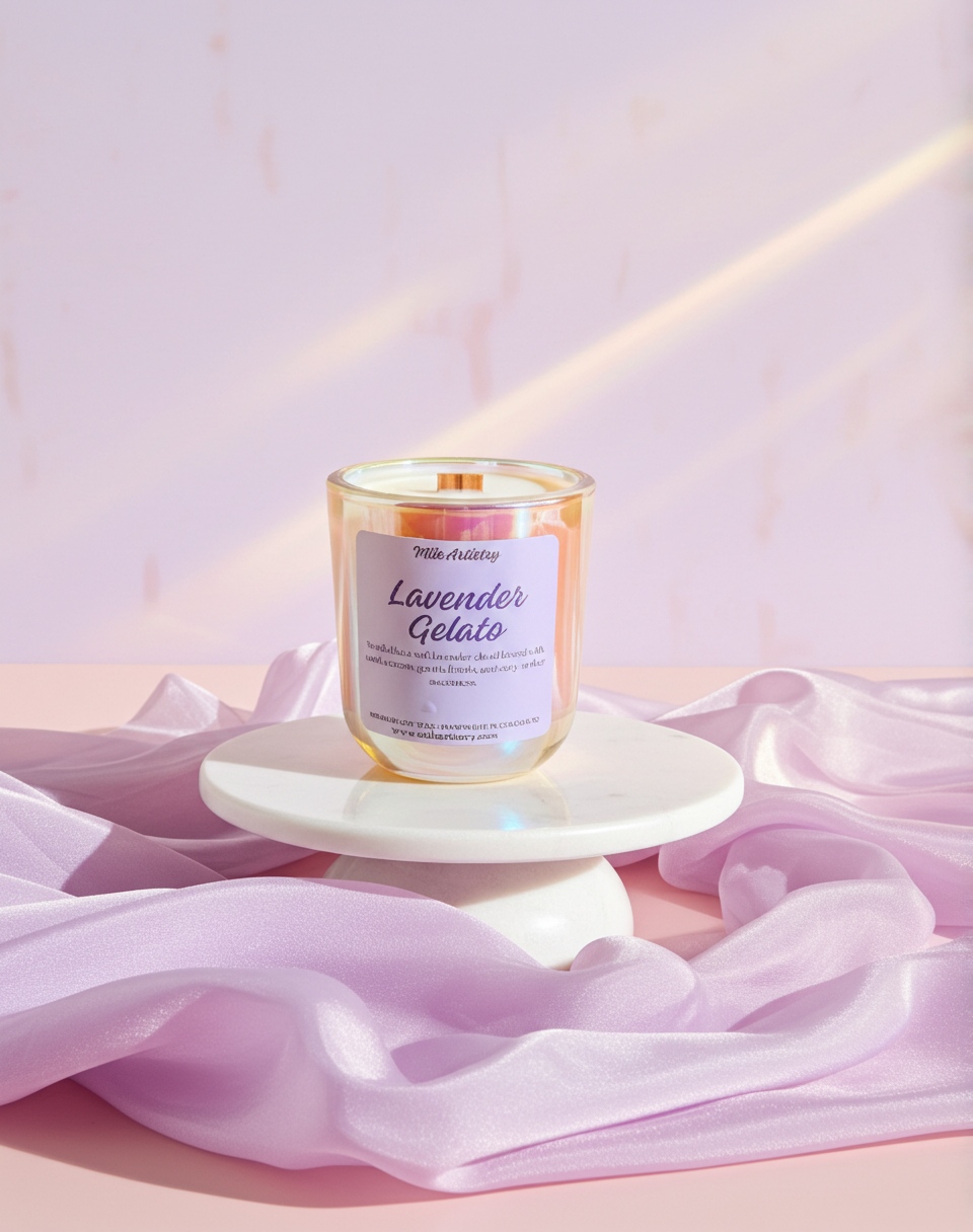 Candle labeled 'Lavender Gelato' on a small white stand with pink fabric in the background