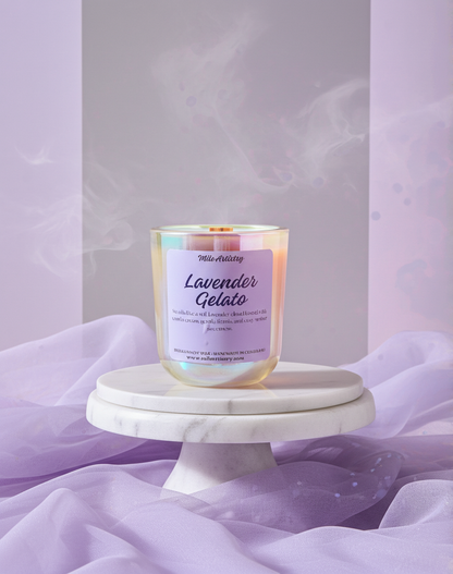 Candle labeled 'Lavender Gelato' on a marble stand with a soft purple background