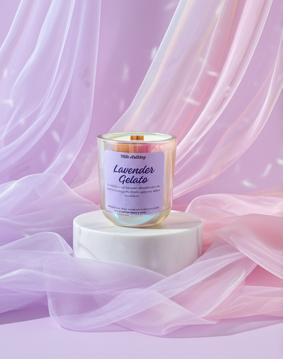 Candle labeled 'Lavender Gelato' on a white pedestal with pink and purple fabric in the background