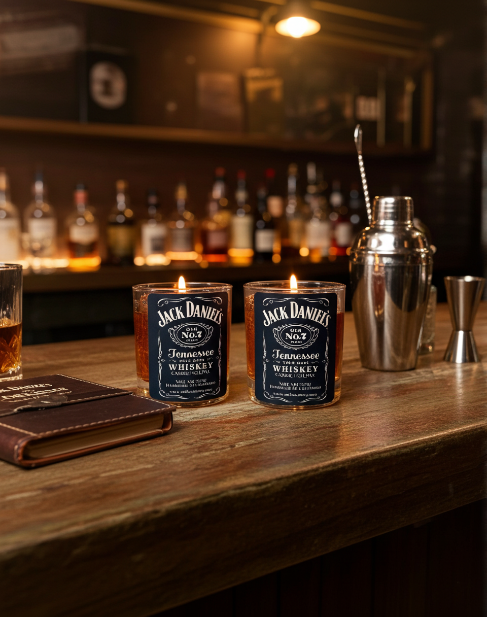 Two Jack Daniel's candles on a bar with bottles and bar tools in the background.