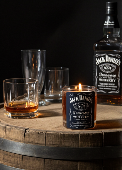 Jack Daniel's whiskey bottle, glass, and candle on a wooden barrel with a dark background