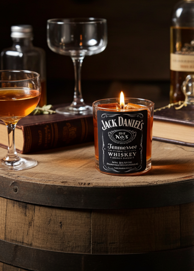 Jack Daniel's whiskey candle on a wooden barrel with glasses and bottles in the background