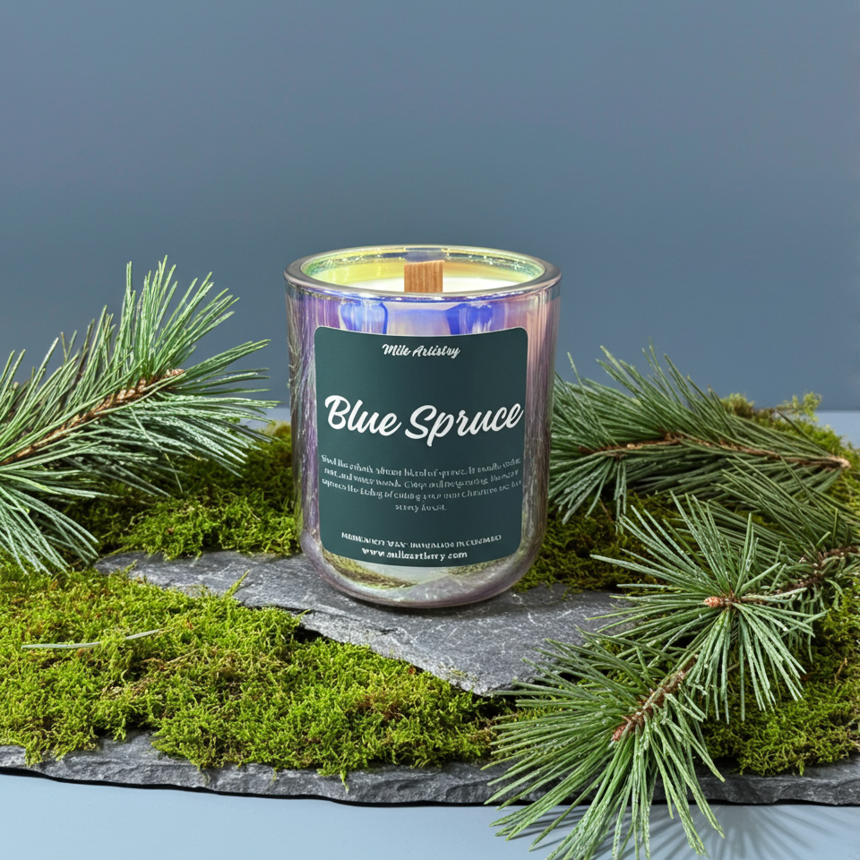 Candle labeled 'Blue Spruce' with pine branches on a dark background