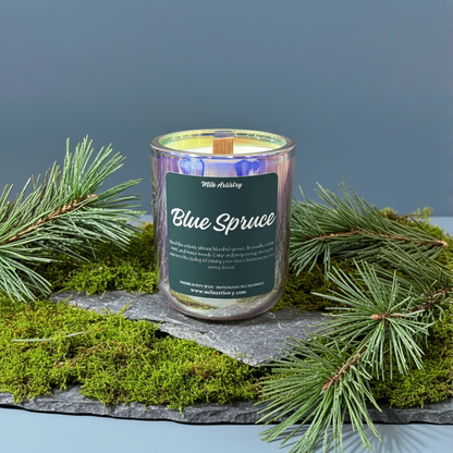 Candle labeled 'Blue Spruce' with pine branches on a dark background