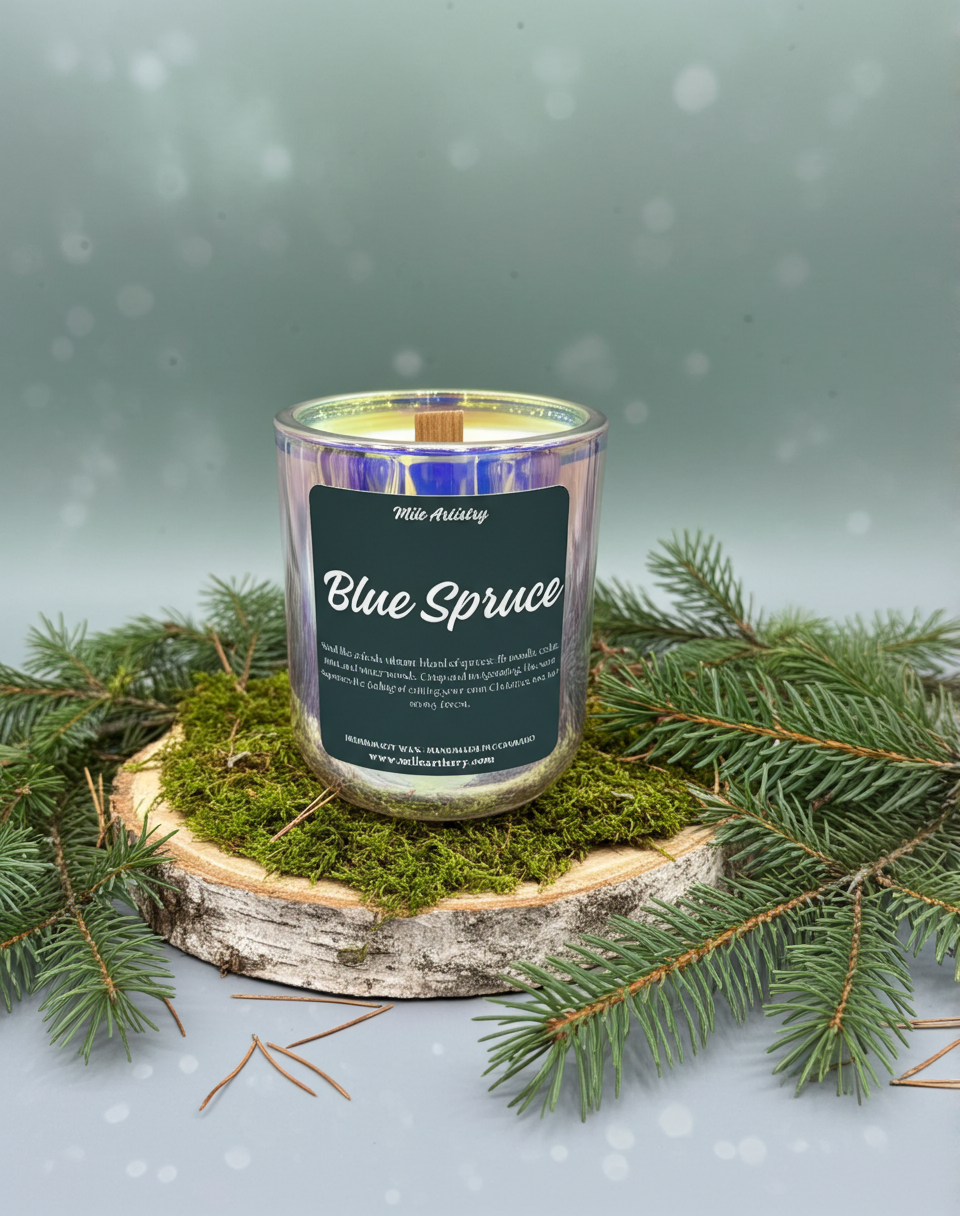 Candle labeled 'Blue Spruce' on a wooden platform with greenery, snowfall in the background