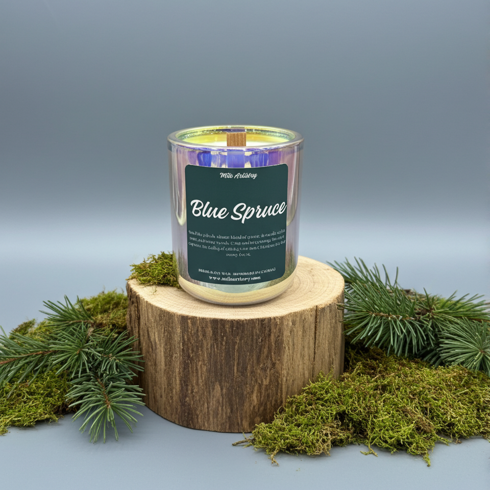 Candle labeled 'Blue Spruce' on a wooden stump with greenery around