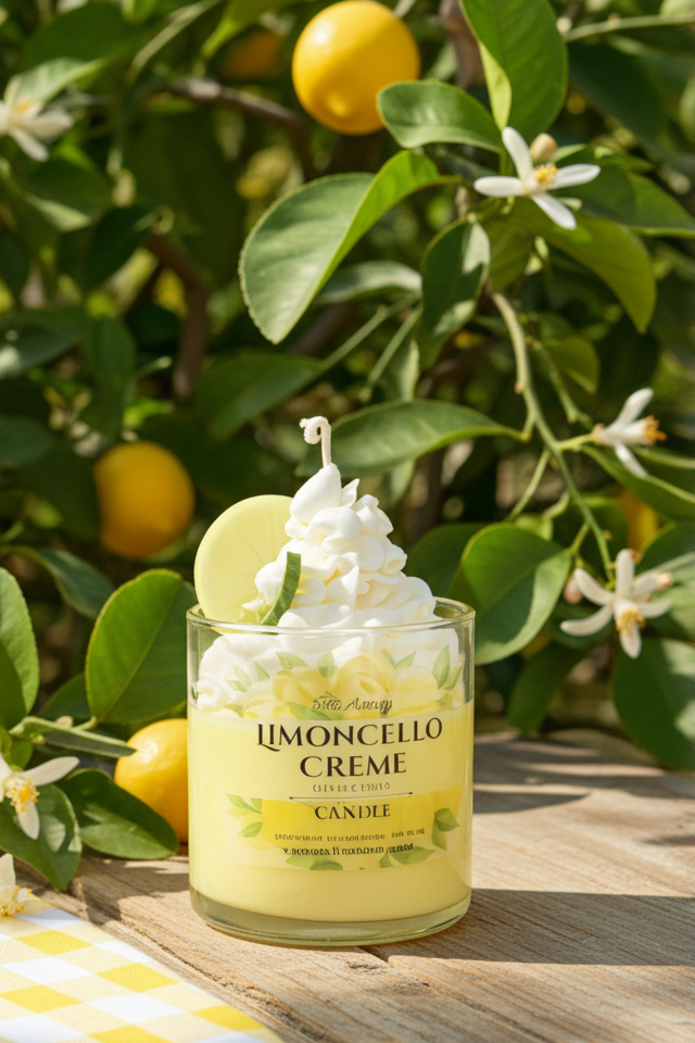 Limoncello Cèreme candle with lemons and flowers in the background