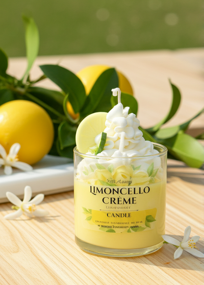 Jar of Limoncello Cèreme candle with lemons and flowers on a wooden surface