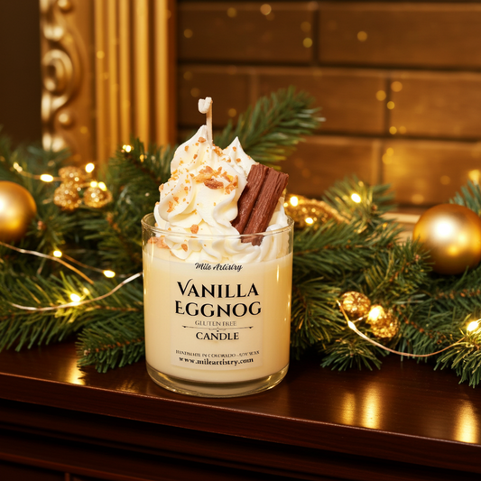 Vanilla Eggnog candle with whipped cream and a cinnamon stick, surrounded by Christmas decorations.
