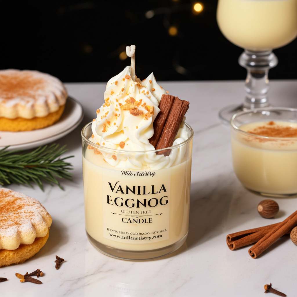 Vanilla eggnog candle with whipped cream, cinnamon stick, and vanilla cookies on a marble surface.