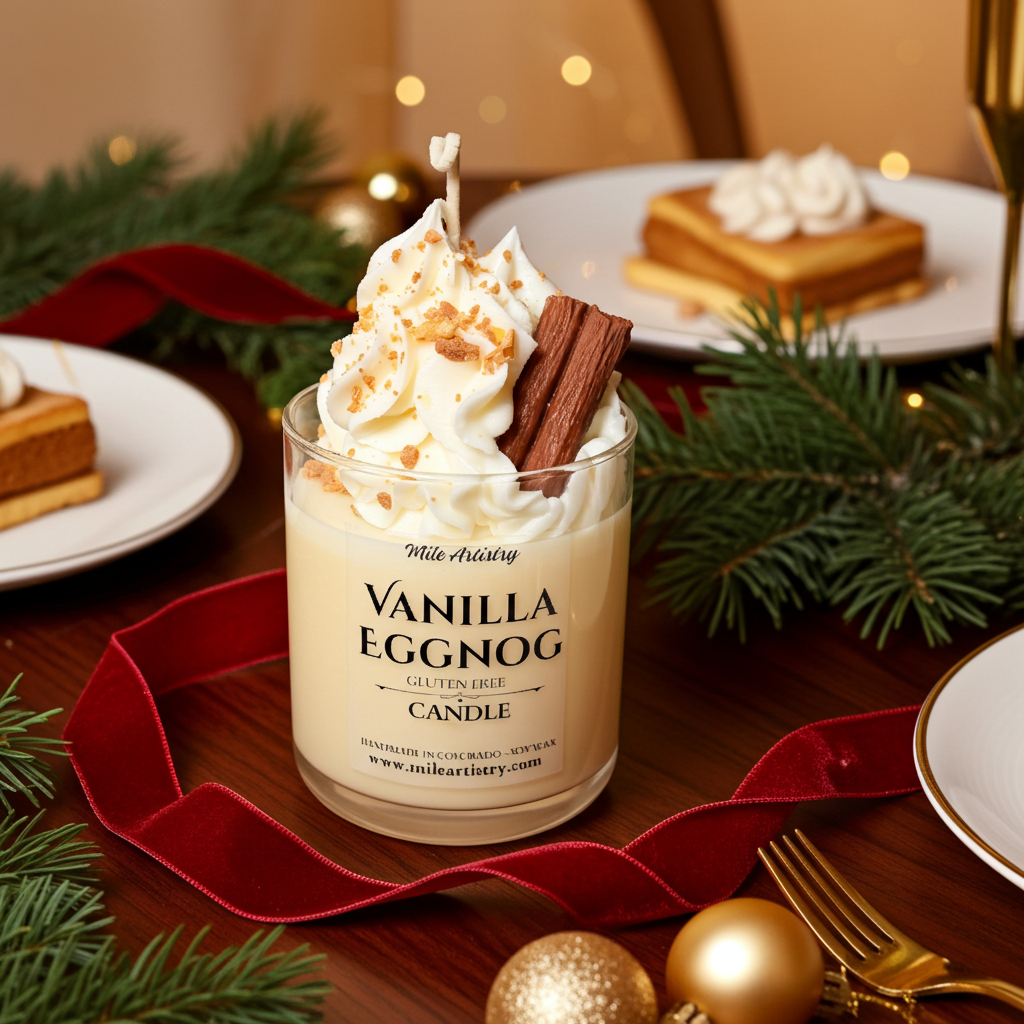 Vanilla eggnog candle with whipped cream and cinnamon sticks on a festive table setting.