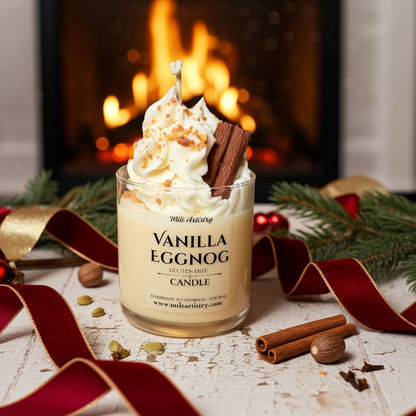 Vanilla eggnog candle with whipped cream and cinnamon sticks in front of a fireplace.
