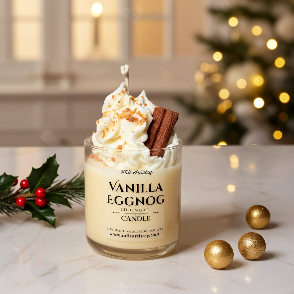 Vanilla eggnog candle with whipped cream and cinnamon sticks on a countertop with Christmas decorations.