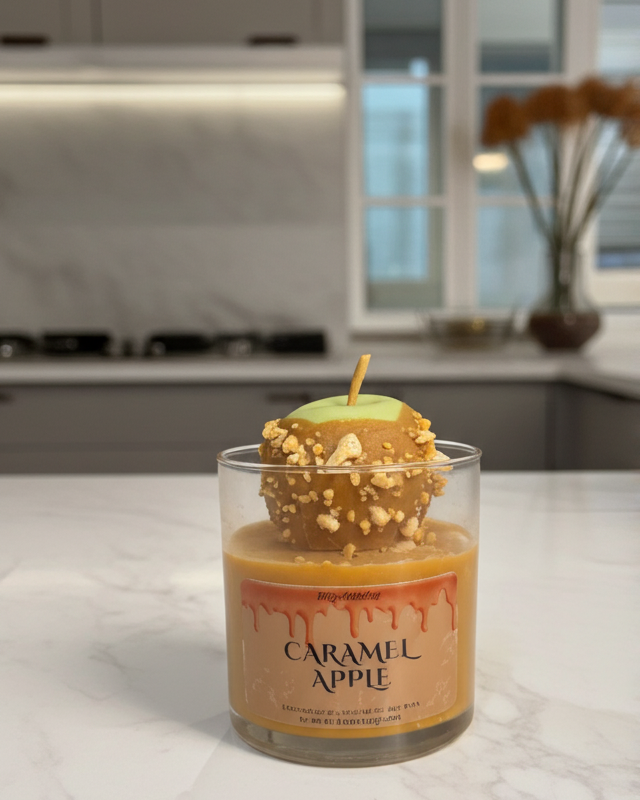 Candle labeled 'Caramel Apple' on a kitchen counter
