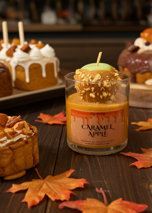 Caramel apple candle on a wooden surface with fall leaves and pastries in the background