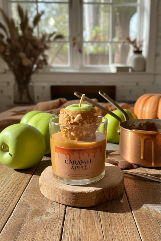 Caramel apple candle on a wooden surface with apples and pumpkins in the background
