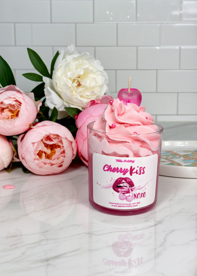Pink candle labeled 'Cherry Kiss' with flowers on a marble surface