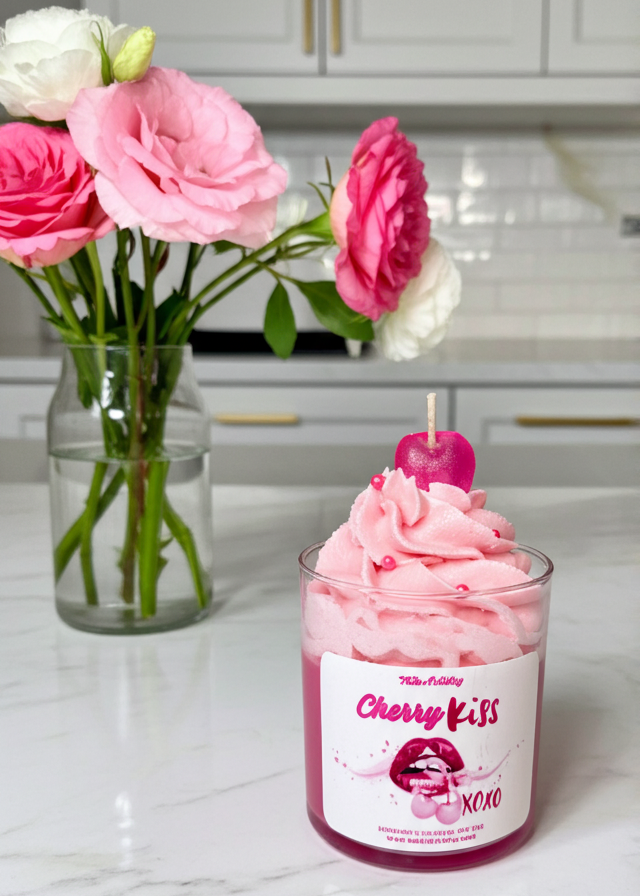 Pink whipped cream candle with cherry flavor on a kitchen counter, next to a vase of pink and white flowers.