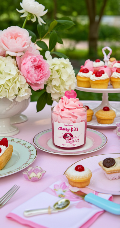 Cupcake with cherry on top on a pink plate surrounded by flowers and other pastries.