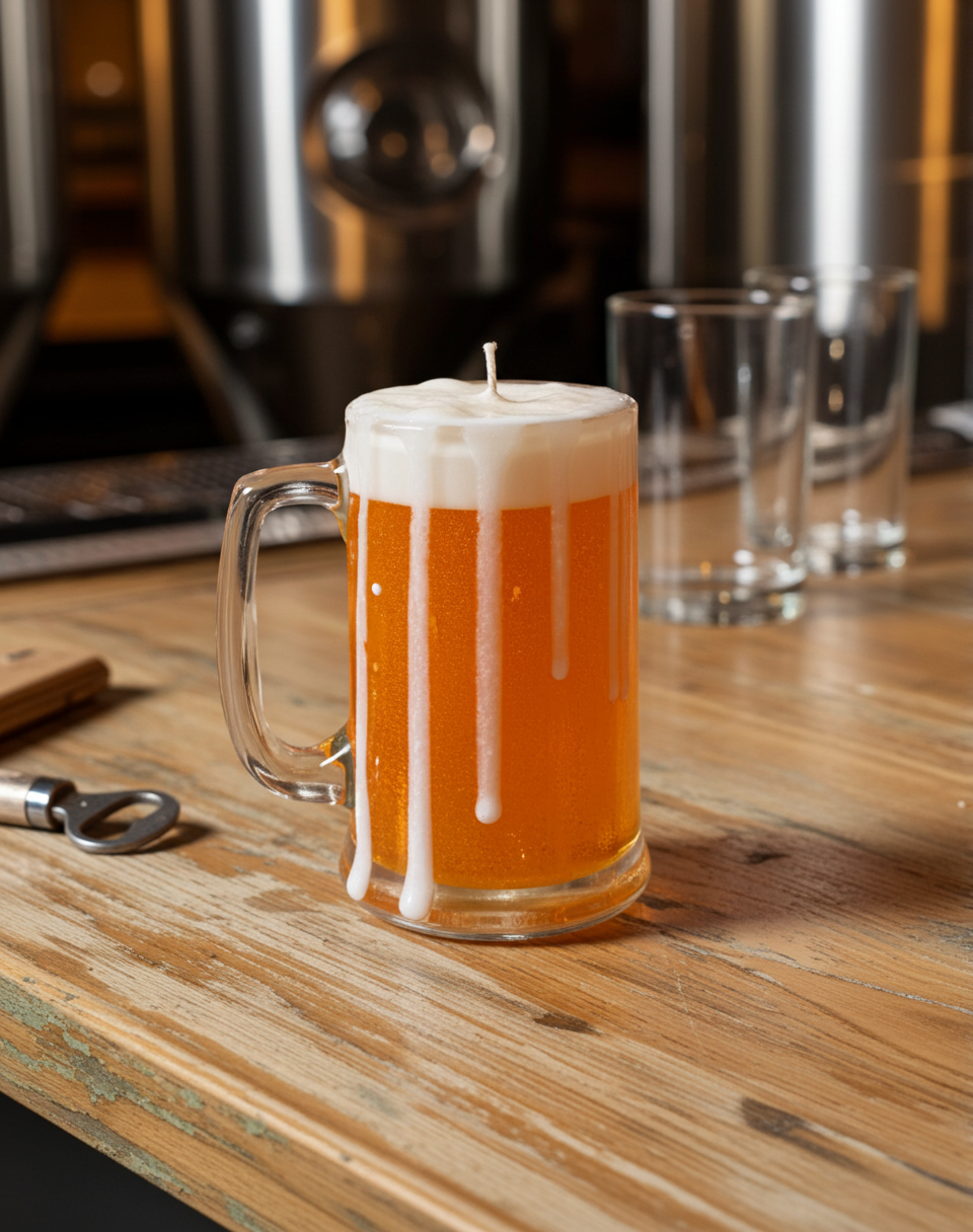 Candle shaped like a beer mug with a burning wick on a wooden surface.