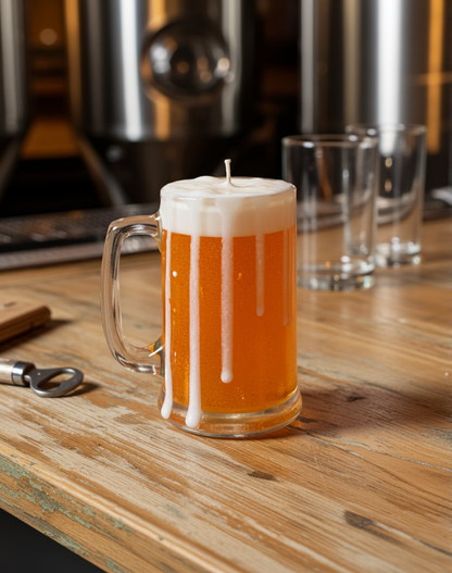 Candle shaped like a beer mug with a burning wick on a wooden surface.