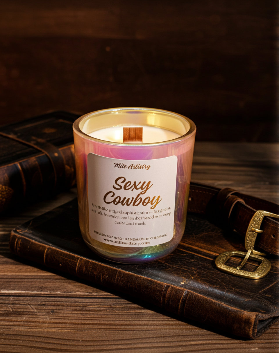 Candle labeled 'Sexy Cowboy' on a wooden surface with leather accents