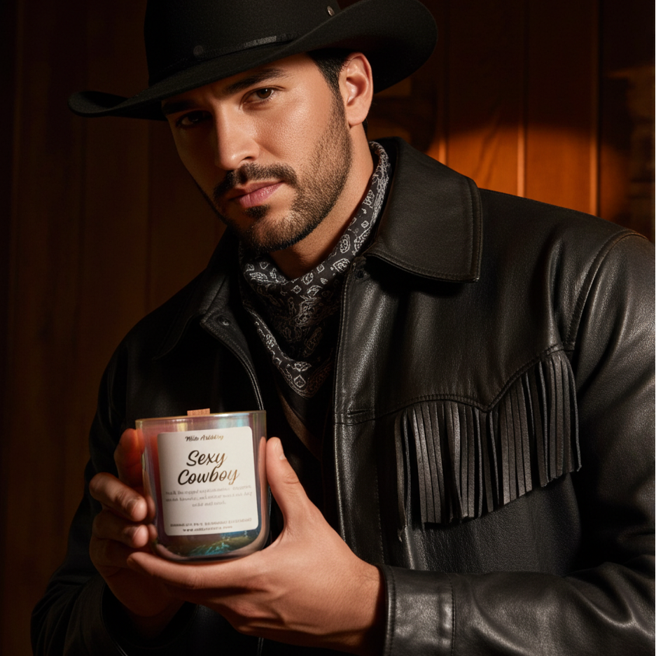 Man in cowboy hat and leather jacket holding a product labeled 'Cowboy'.