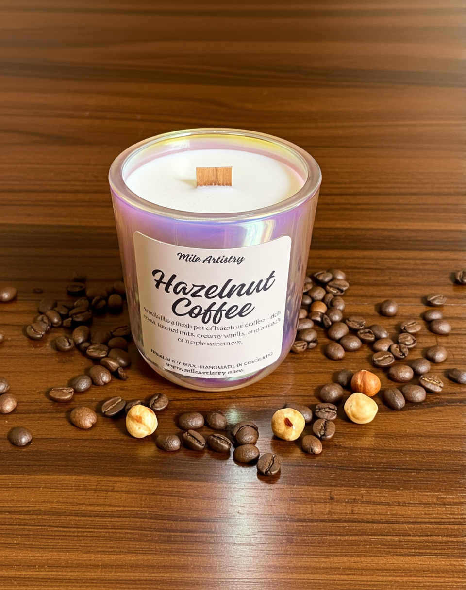Hazelnut coffee candle with coffee beans on a wooden surface