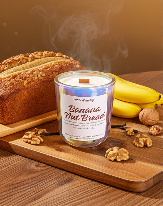 Banana Nut Bread candle with a loaf of bread, bananas, and walnuts on a wooden board.