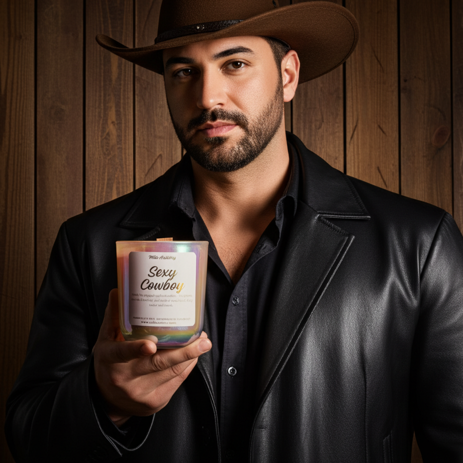 Man in a cowboy hat holding a product labeled 'Sexy Cowboy' against a wooden background
