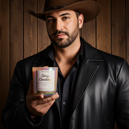 Man in a cowboy hat holding a product labeled 'Sexy Cowboy' against a wooden background