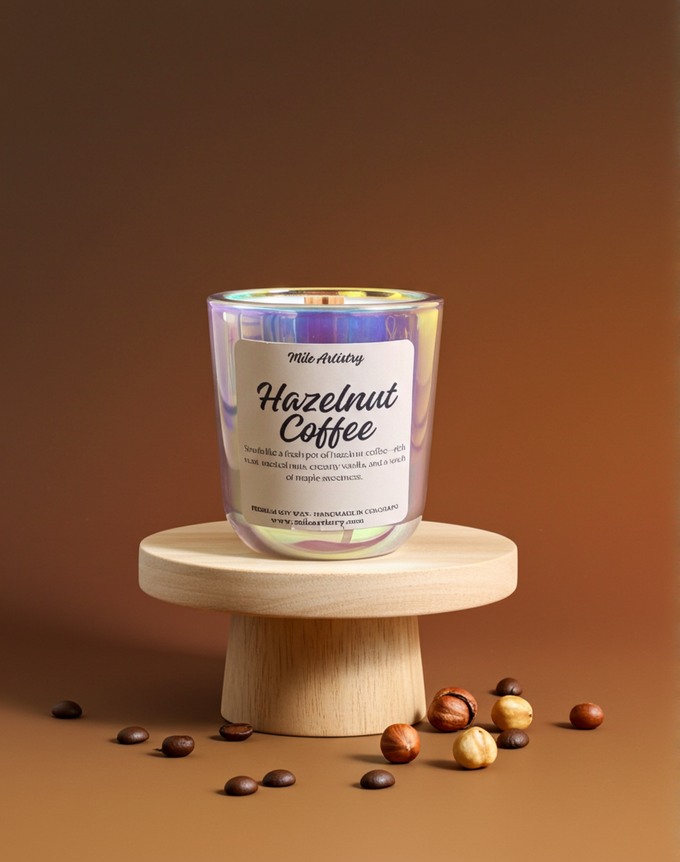 Hazelnut coffee candle on a wooden stand with scattered hazelnuts on a brown background