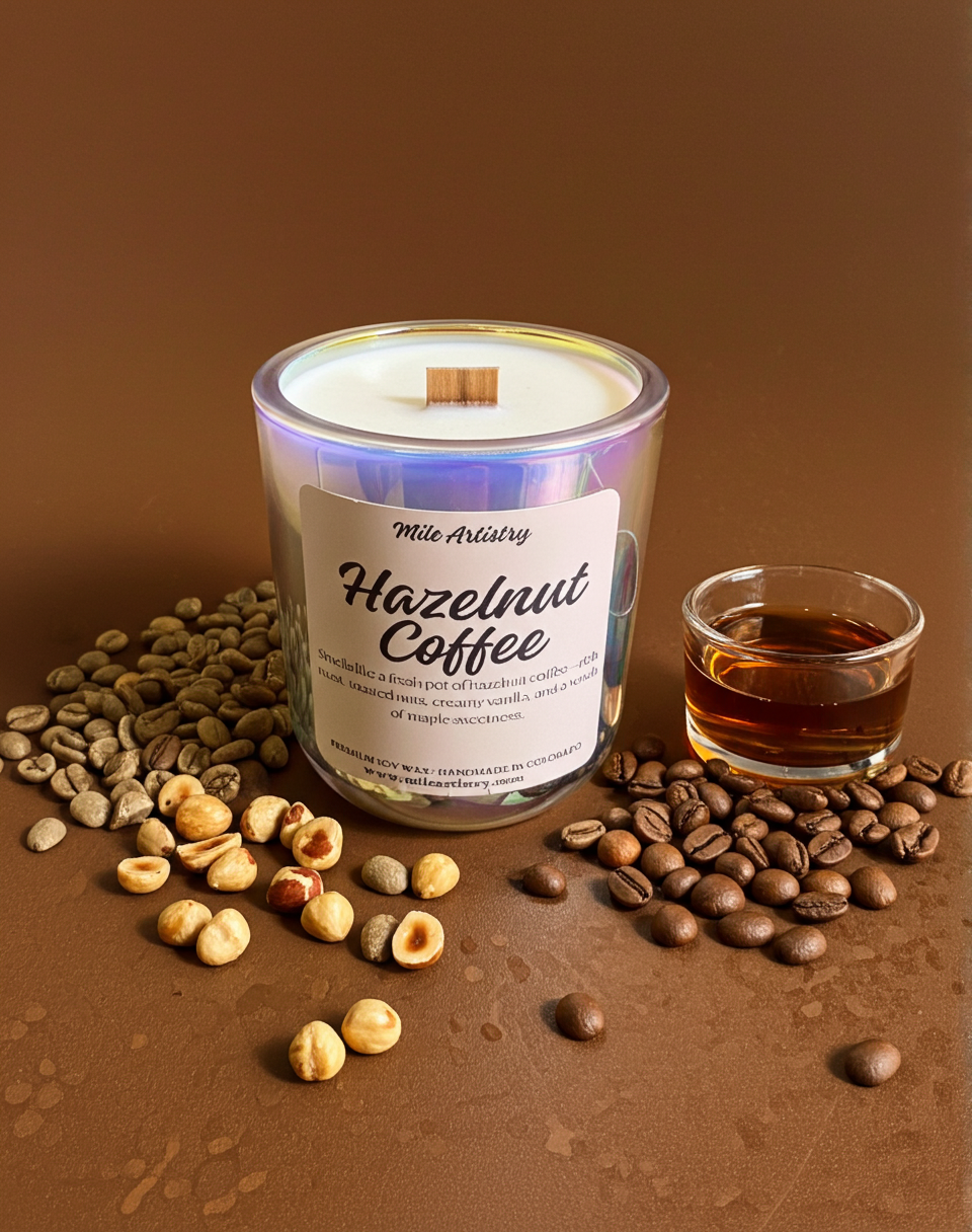 Hazelnut coffee candle with hazelnuts and coffee beans on a brown background