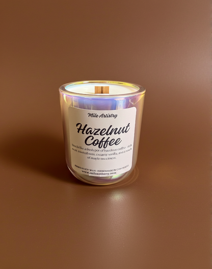 Candle labeled 'Hazelnut Coffee' with a brown background