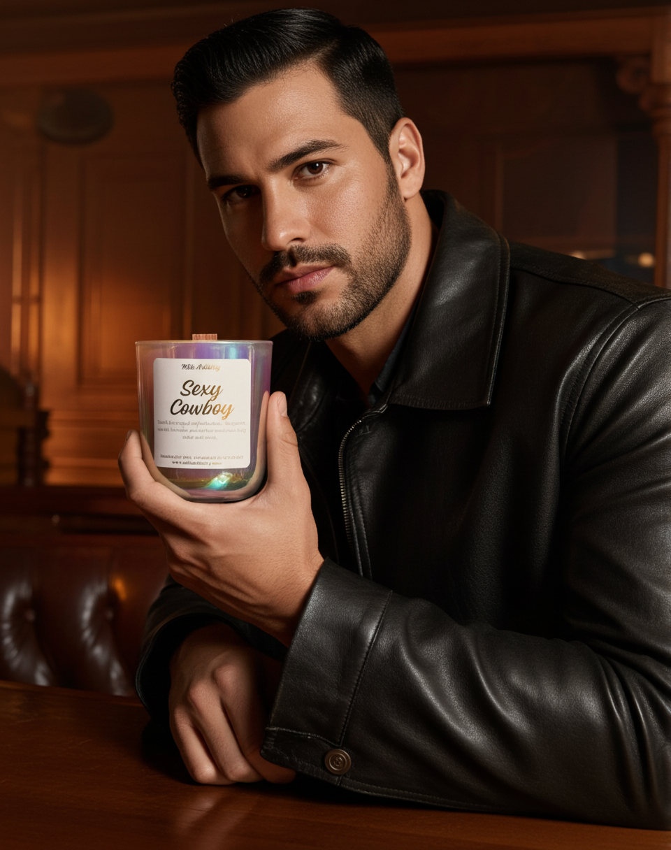 Man holding a candle labeled 'Sexy Cowboy' in a dimly lit room.