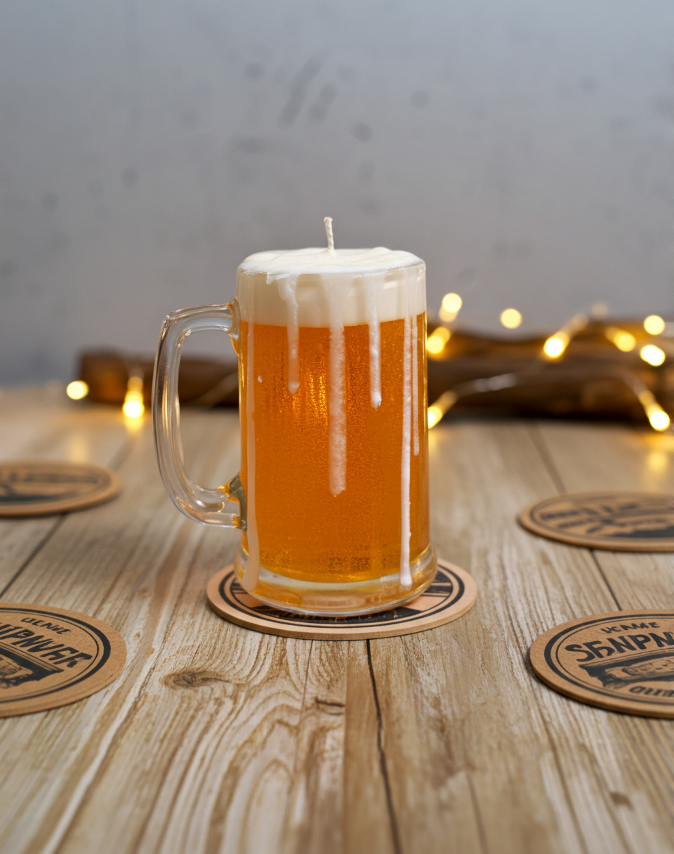 Beer mug candle on a wooden surface with blurred lights in the background