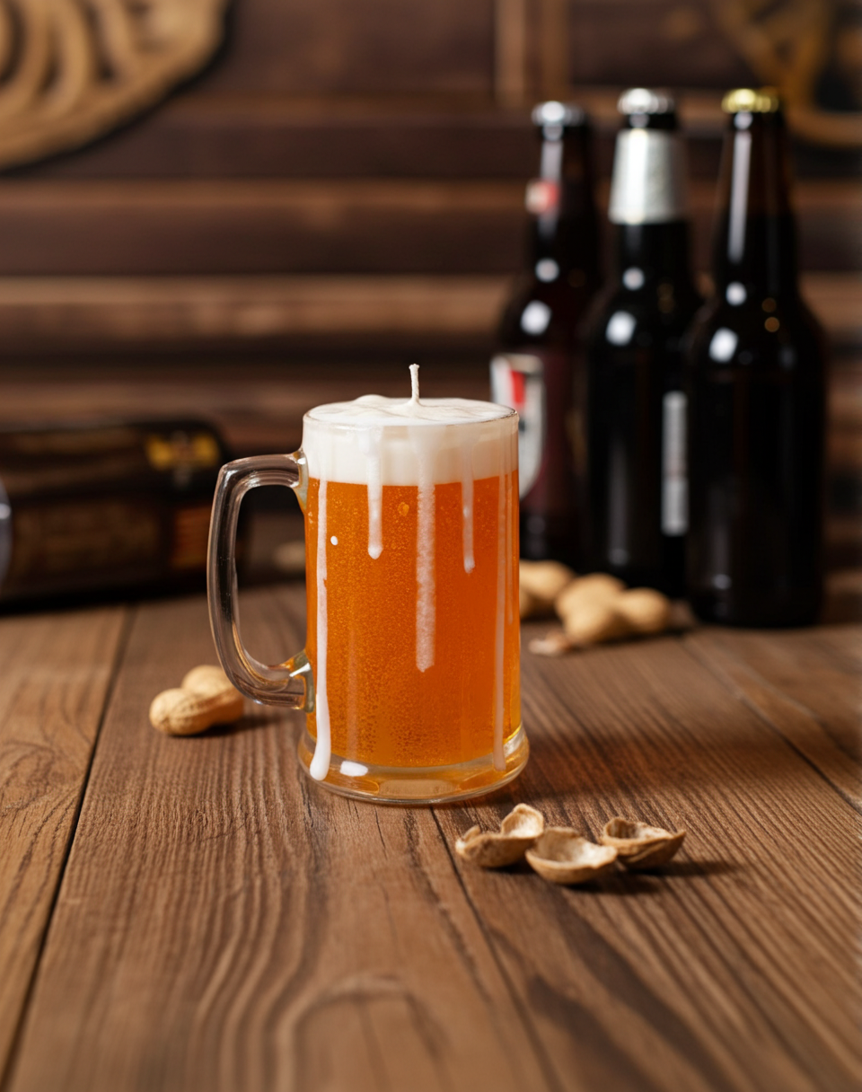 Beer mug with foam candle on a wooden table with beer bottles in the background