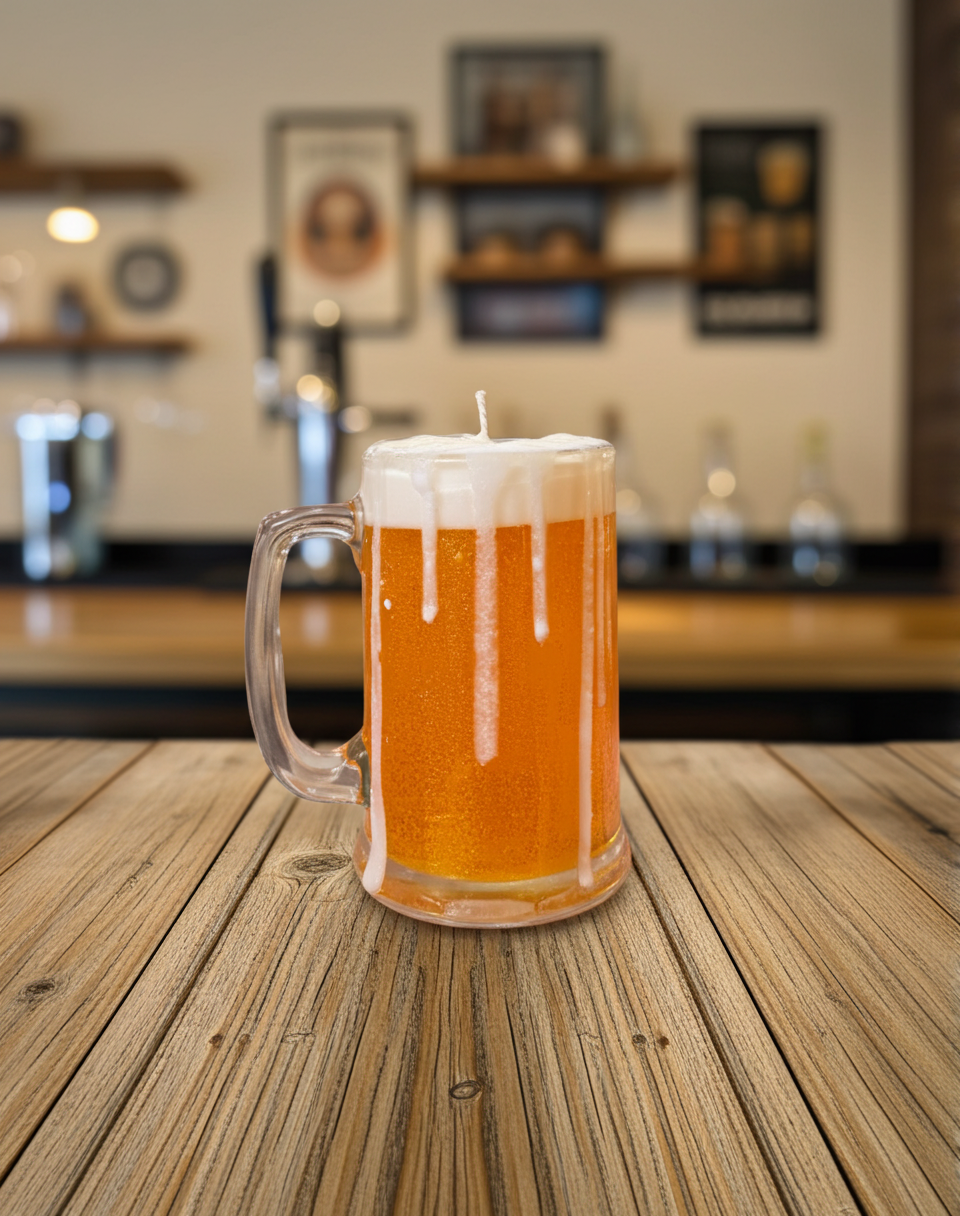 Candle in the shape of a glass mug with beer on a wooden table, blurred bar background
